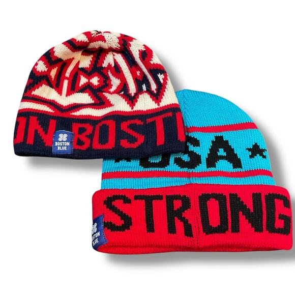 Boston Blue Beanie Hat USA Strong Skull Cap Knit MA Patriotic Toboggan Lot of 2 - Picture 7 of 10